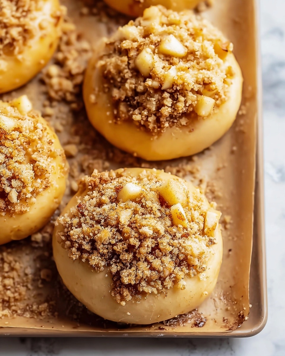 The image shows a close-up of a round pastry with three layers; the base is a soft, golden-yellow dough, smooth and slightly shiny. On top, there is a crumbly layer of light brown streusel that covers most of the pastry’s surface, with a rough texture made up of small and medium-size crumbs. Mixed in the streusel are small pieces of pale yellow apple, cut unevenly. The pastry rests on a white marbled surface with small scattered crumbs around it. Photo taken with an iphone --ar 4:5 --v 7