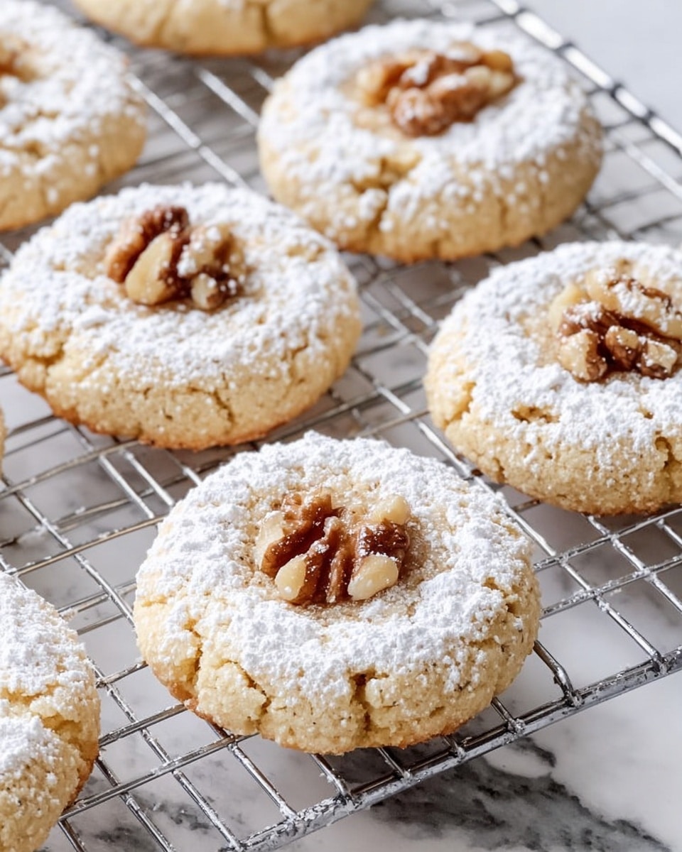 The image shows round, light golden cookies arranged on a metal cooling rack over a white marbled surface. Each cookie has a layer of powdered sugar dusted on top, making their surface look soft and snowy. In the center of every cookie sits a piece of walnut, adding a brown, rough texture. The cookies have a slightly crumbly edge, showing their soft inside. The scene is bright with natural light, enhancing the warm and cozy feel of the freshly baked treats. photo taken with an iphone --ar 4:5 --v 7