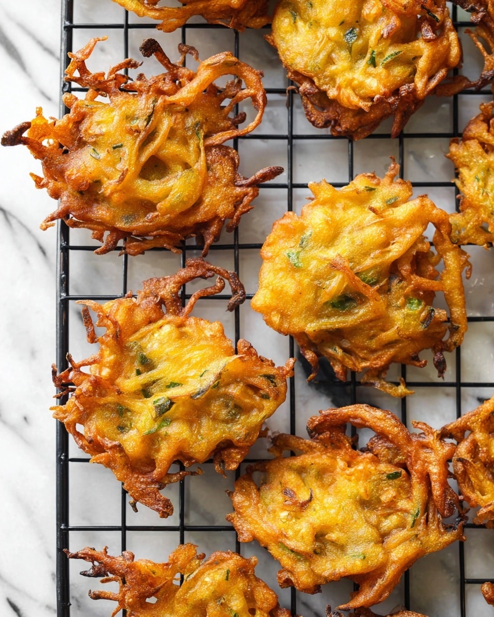 The image shows multiple golden-brown fritters with irregular shapes and crispy edges, placed on a black wire rack over a white marbled surface. The fritters have visible green herbs mixed within the batter and varying textures, from smooth flatter areas to crunchy, twisted strands extending outward. The overall appearance is crunchy and freshly fried with small bubbles and slight color variations from light to darker golden shades. photo taken with an iphone --ar 4:5 --v 7