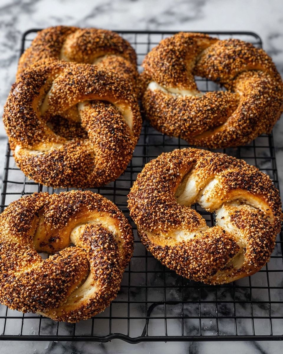 Five round, twisted bread rings covered thickly with toasted brown sesame seeds rest on a black cooling rack. The bread has a golden-brown crust with visible white soft dough peeking through twists in the rings. The texture of the crust looks crunchy and rough from the seeds, while the inside looks soft and fluffy. The black cooling rack sits on a white marbled surface. photo taken with an iphone --ar 4:5 --v 7