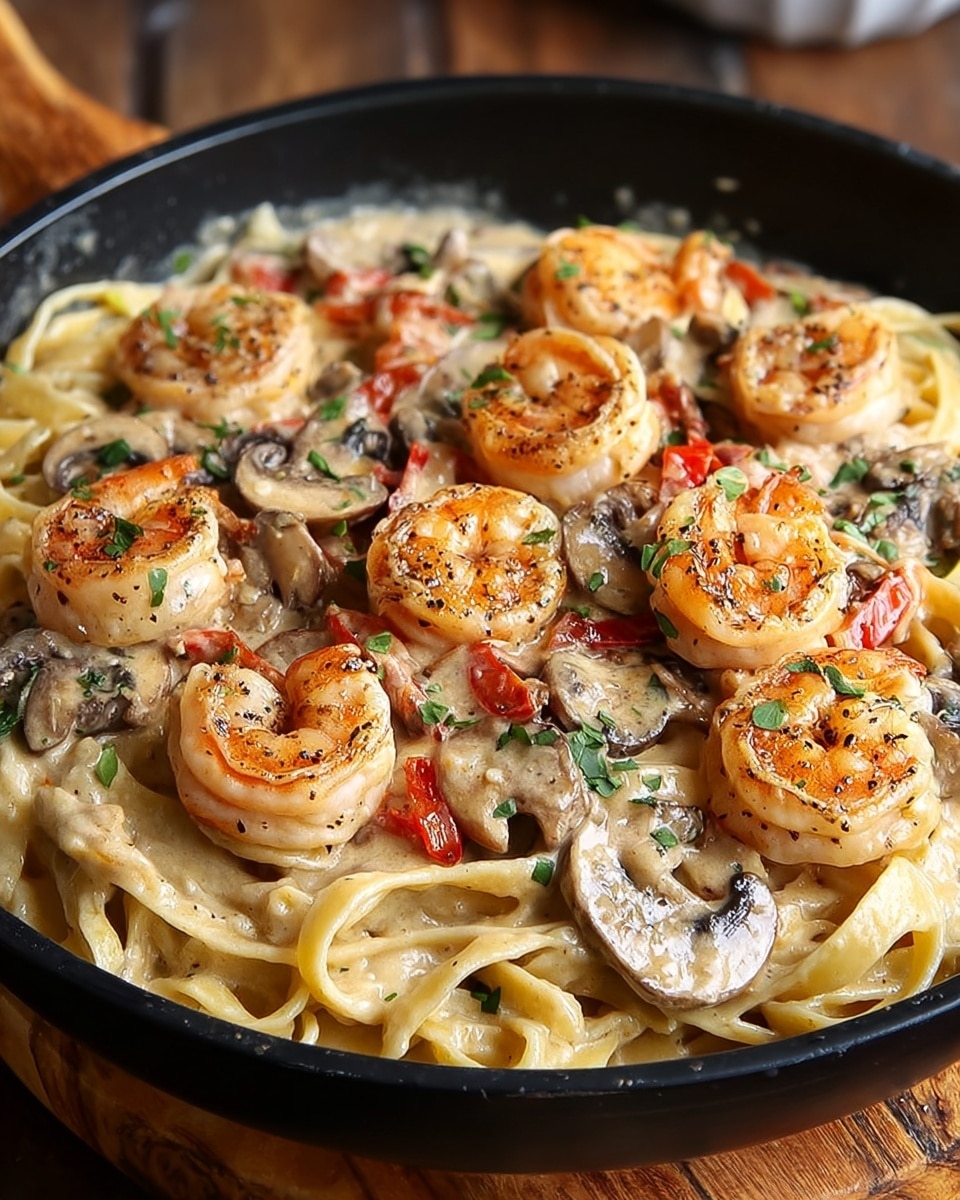 The dish shows creamy fettuccine pasta as the base layer in a black pan, covered with a smooth, light beige sauce mixed evenly through the noodles. On top of the pasta, there are large, pinkish-orange shrimp curled neatly in different spots, lightly seasoned with black pepper. Alongside the shrimp, thin slices of cooked brown mushrooms with a slightly glossy texture are scattered. Small pieces of red bell pepper are mixed throughout, adding bright color, and the whole dish is sprinkled with chopped green herbs for garnish. The pan sits on a wooden surface with a blurred background. photo taken with an iphone --ar 4:5 --v 7