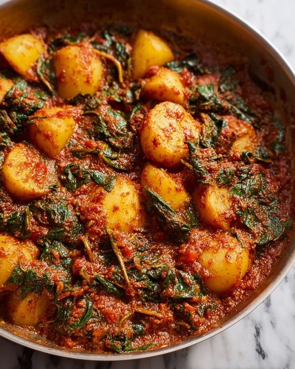 A close-up view of a dish in a pot showing several layers and textures, starting with chunks of soft, yellow cooked potatoes scattered throughout. Mixed evenly among the potatoes are wilted dark green leafy spinach pieces. The entire dish is coated in a thick, rich, reddish-brown sauce with small bits of tomato and spices visible, giving a slightly chunky and moist texture. The lighting highlights the shiny, saucy surface and the soft texture of the potatoes and spinach. The pot is set against a white marbled texture. Photo taken with an iphone --ar 4:5 --v 7