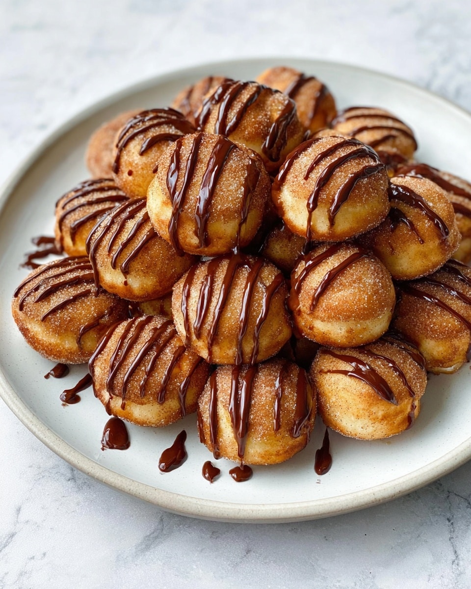 The image shows a white plate filled with about eighteen small round donuts stacked closely together. Each donut has a golden brown color with a light dusting of cinnamon sugar that gives a slightly rough texture. On top of every donut, there are thin, smooth lines of dark chocolate sauce drizzled evenly across, some dripping slightly onto the plate. The plate sits on a white marbled textured surface, creating a clean and simple background that highlights the warm tones of the donuts and glossy chocolate sauce. photo taken with an iphone --ar 4:5 --v 7