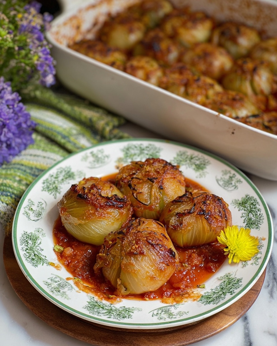 The image shows a white plate with a green leaf pattern on the edge holding four stuffed onions, glazed with a light brown, slightly charred texture and sitting on a red tomato sauce that has visible chunks and a glossy finish. Each onion has layers that appear soft and tender with a cooked, translucent quality. The plate rests on a round wooden board, and a small yellow flower is placed on the side for decoration. In the background, there is a tight-packed baking dish filled with more stuffed onions that share the same golden brown, cooked texture and red tomato base. The scene is set on a white marbled surface with some purple flowers and a green and white cloth partially visible. photo taken with an iphone --ar 4:5 --v 7