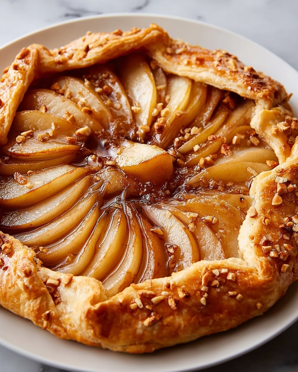 A round, rustic tart with one layer of golden-brown puff pastry crust folded over the edges in a thick ruffled border sprinkled with small bits of nuts and coarse sugar. Inside, there are multiple slices of cooked pear, light golden with hints of caramel and cinnamon, arranged in a circular fan shape overlapping each other tightly, creating a layered texture in the center. The tart is sitting on a white plate that rests on a white marbled surface. The pastry and pears have a shiny glaze that reflects light, making the tart look warm and fresh. photo taken with an iphone --ar 4:5 --v 7
