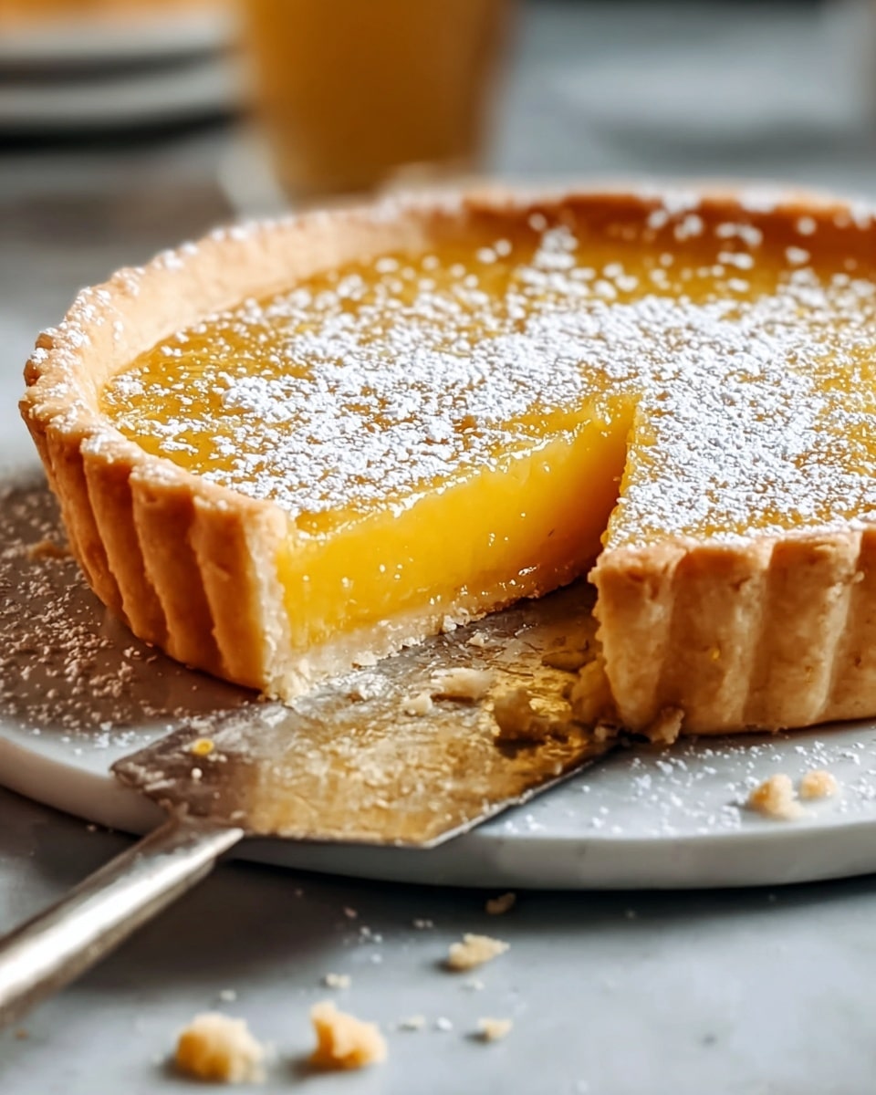 A close-up view of a pumpkin pie with one slice removed, showing the smooth, shiny, deep orange filling sitting on a thick, light beige crust with a fluted edge. The top of the pie is lightly dusted with powdered sugar, creating a soft white contrast over the orange surface. The pie rests on a white plate with an intricate pattern, and in front of the plate is a rustic silver pie server with crumbs scattered around it on a white marbled surface. Photo taken with an iphone --ar 4:5 --v 7