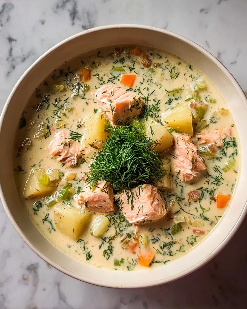 A green bowl filled with creamy soup showing several layers: chunks of pink salmon pieces scattered throughout, large yellow potato pieces, small cubes of orange carrots, and green herbs mixed in, all floating in a thick white creamy broth with specks of finely chopped green herbs on top, placed on a white marbled texture surface photo taken with an iphone --ar 4:5 --v 7