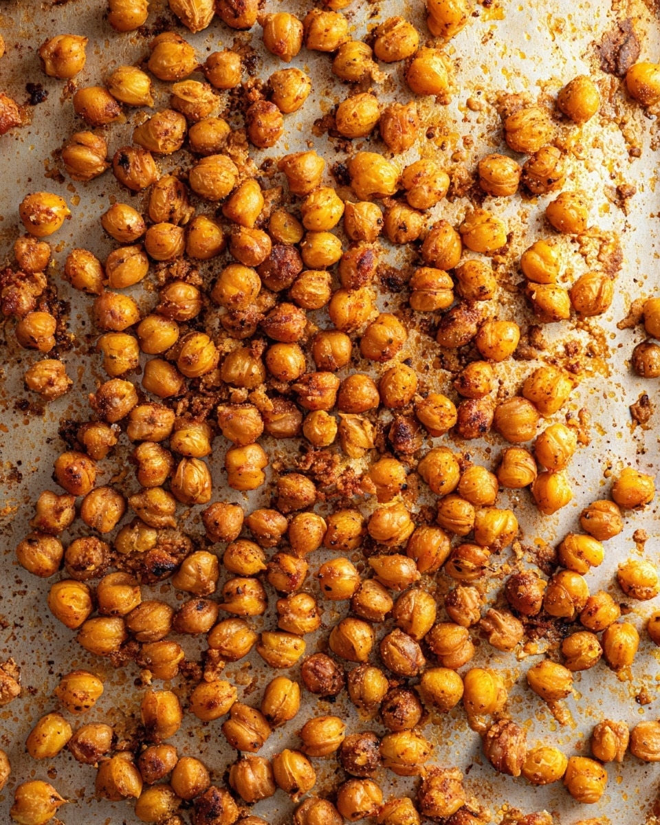 The image shows a close-up of roasted chickpeas spread out on a baking sheet. The chickpeas are golden brown with a slightly crispy texture, and some have darker charred spots showing they are well-roasted. The baking sheet underneath has a slightly greasy and speckled surface from the roasting process. A small part of a wooden spatula is visible in the upper background. The overall scene is warm-toned with focus on the texture and color of the chickpeas. The surface beneath the baking sheet has been changed to a white marbled texture. photo taken with an iphone --ar 4:5 --v 7
