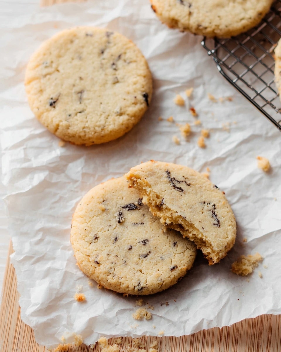 The image shows three light golden brown cookies with small dark specks evenly spread throughout them. Two whole cookies and one partially eaten cookie are placed on crumpled white paper, which lies on a wooden board. The cookies appear soft and slightly crumbly with some crumbs scattered around them. A metal cooling rack with another whole cookie is placed near the top right corner of the wooden board. The scene is simple with a bright and natural light setting that highlights the textures of the cookies and the wood grain. photo taken with an iphone --ar 4:5 --v 7