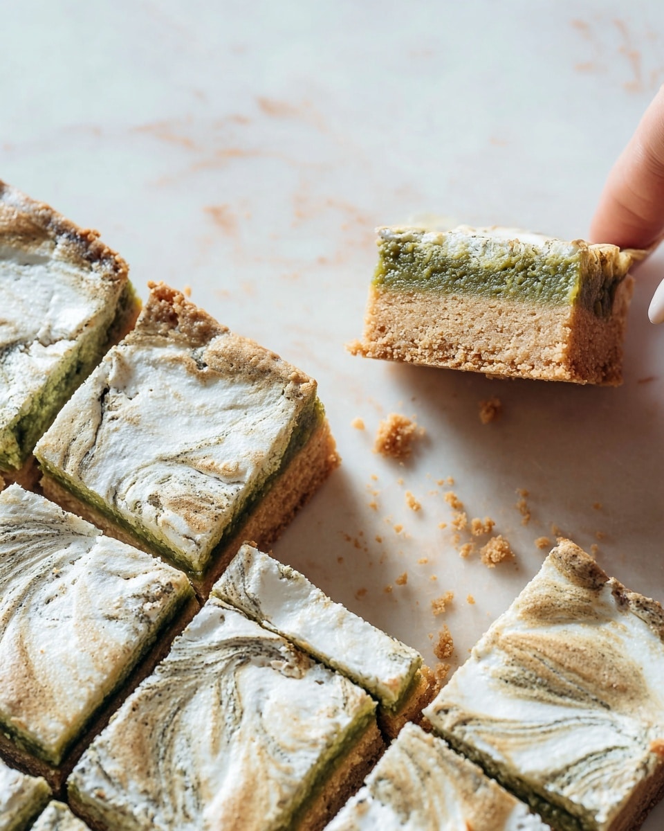 A group of square bars is placed on a white marbled surface, each bar showing two visible layers; the bottom layer is light brown with a crumbly texture resembling a cookie or crust, while the top layer is green with a moist, slightly grainy texture, covered by a thin, cracked off-white swirl pattern that looks like a baked meringue or topping. One of the bars is lifted and held by a woman's hand, revealing the two layers clearly in profile. The bars are neatly cut, and some crumbs are scattered around on the surface. Photo taken with an iphone --ar 4:5 --v 7