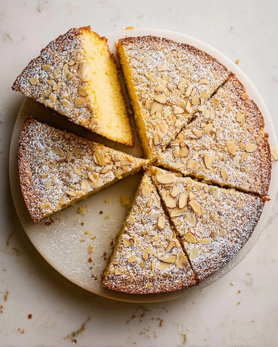 A round almond cake sliced into six pieces on a white plate, with one slice slightly pulled out showing a moist, light yellow inside layer; the top layer is golden brown with a rough texture made from toasted almond flakes and dusted with a fine layer of powdered sugar, all set on a white marbled surface photo taken with an iphone --ar 4:5 --v 7