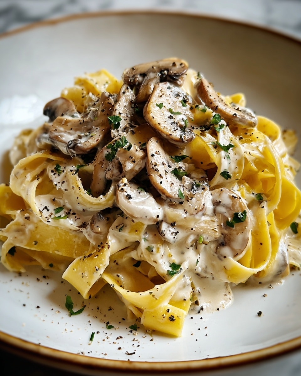 A plate with a white marbled texture holds a serving of creamy pasta made up of wide, yellow fettuccine noodles layered beneath a smooth, white cream sauce speckled with finely chopped green herbs. On top, there are thin slices of cooked mushrooms, light brown with a slightly shiny surface, mixed into the sauce. The dish is also sprinkled with coarse ground black pepper that adds a speckled look, and small green herb bits are scattered over the pasta. photo taken with an iphone --ar 4:5 --v 7