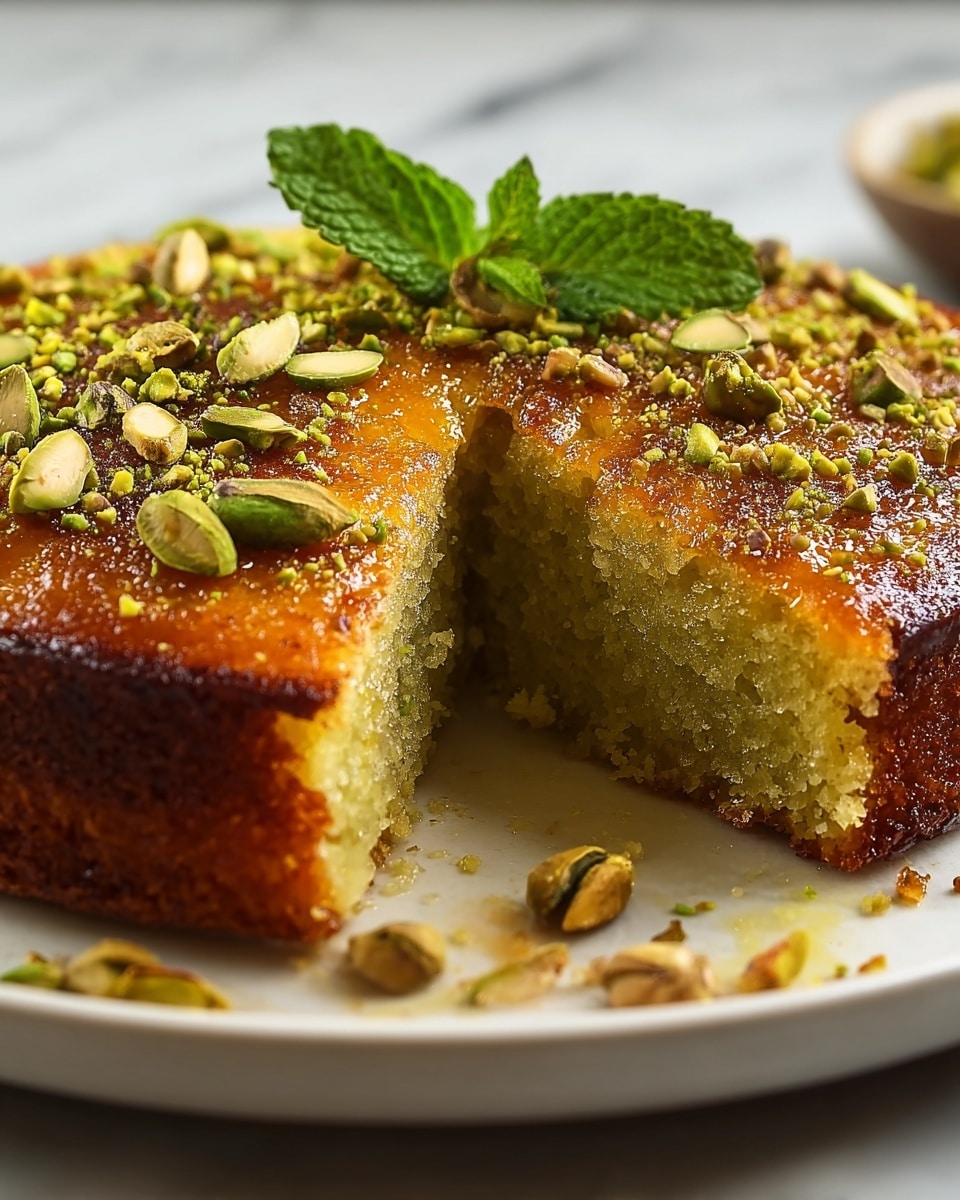 A close-up image of a round cake with one slice cut out, showing two layers: a moist, dense golden-yellow cake base with a slightly rough texture and a shiny amber glaze on top. The top layer is covered with scattered chopped pistachio nuts in light green and tan shades and a small green mint leaf in the center, adding freshness. The cake sits on a white plate with a smooth surface on a white marbled texture background. Photo taken with an iphone --ar 4:5 --v 7