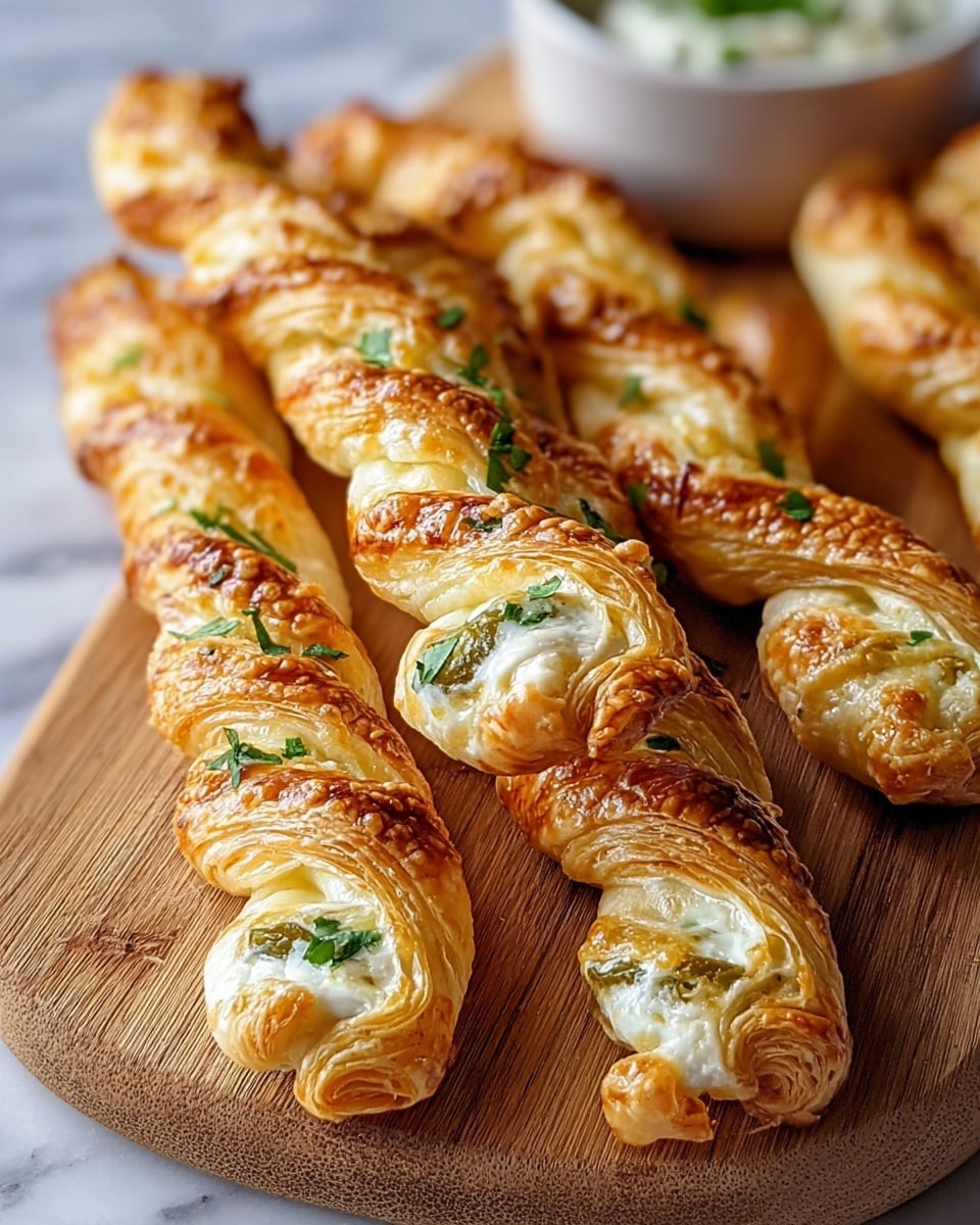 The image shows several golden brown puff pastry twists arranged on a wooden board over a white marbled surface. Each twist is made of flaky, crispy layers of pastry, baked to a deep, glossy golden color with a bubbly texture on top. Inside the twists, there is a white creamy layer, smooth in texture, mixed with green jalapeño slices, and sprinkled with small fresh green herb pieces on top. The twists are twisted from the base to the tip, showing the white filling and green jalapeño peeking through the gaps. The background includes out-of-focus white bowls. photo taken with an iphone --ar 4:5 --v 7