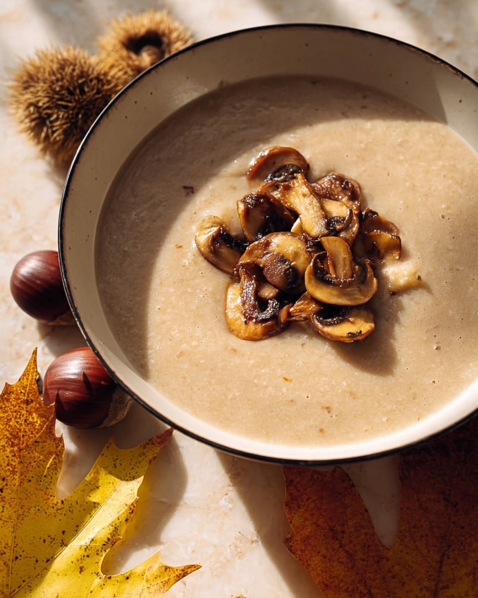 A close-up view of a bowl of creamy beige soup with a smooth texture, topped in the center with golden brown sautéed mushroom slices that are slightly curled and glossy. The soup is served in a round white bowl with a subtle black rim, sitting on a white marbled surface. Around the bowl, there are whole chestnuts and dry autumn leaves in warm brown and yellow hues, adding a rustic feel to the scene. Sunlight casts soft shadows, highlighting the textures of the mushrooms and soup. photo taken with an iphone --ar 4:5 --v 7