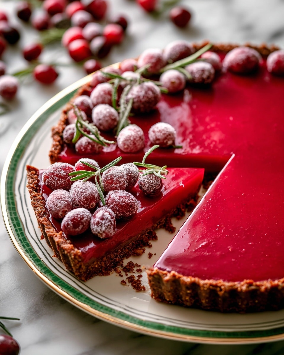 A tart with two visible layers sits on a white plate with a green and gold rim. The bottom layer is a thick, crumbly brown crust, while the top layer is a smooth, bright red filling with a glossy texture. The tart is sliced into portions, and fresh and sugared cranberries are arranged on top along with small sprigs of green rosemary, mostly decorating one side of the tart. The white marbled surface beneath the plate contrasts softly with the rich colors of the tart and the dark red cranberries, with additional cranberries and rosemary sprigs scattered in the background. Photo taken with an iphone --ar 4:5 --v 7