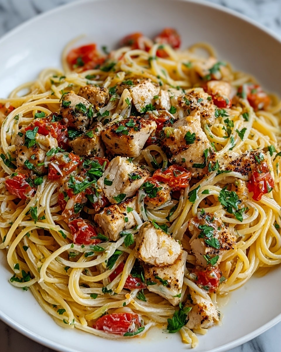 A white plate filled with a serving of spaghetti pasta as the bottom layer, light yellow in color with a smooth texture, mixed with small pieces of red tomato and green herbs spread throughout. On top, there are several chunks of grilled chicken, cooked to a light golden brown with visible grill marks and small black pepper specks, garnished with fresh green parsley leaves. The overall dish looks fresh and colorful, with the pasta intertwined with the chicken and herbs, creating a balanced and appetizing arrangement. The photo is taken with an iphone --ar 4:5 --v 7