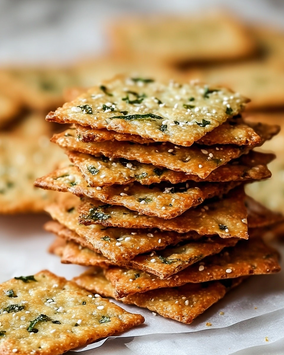A stack of thin square crackers with a golden-brown color and crispy texture is shown closely. Each cracker has small green herb pieces scattered on top, likely parsley or chives, and some white sesame seeds that add texture. The crackers are layered unevenly, showing a crunchy and slightly uneven edge. One cracker lies flat in front, highlighting the crispy texture and herb topping. The stack sits on white parchment paper on a white marbled surface, with blurred crackers in the background. Photo taken with an iphone --ar 4:5 --v 7