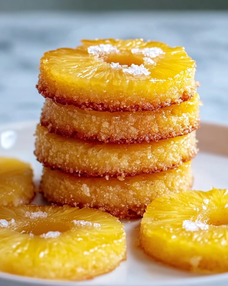 A stack of four round pineapple upside-down cake slices is shown on a white plate with a white marbled texture background. Each slice has a golden brown bottom layer with a crumbly texture and a sugary edge, topped with a glossy, translucent ring of yellow pineapple with a slight shine. The top slice also has a small white sugar sprinkle in the center. Two more pineapple slices lie flat on the plate beside the stack, showing the same glossy yellow pineapple surface and sugary edges. Photo taken with an iphone --ar 4:5 --v 7