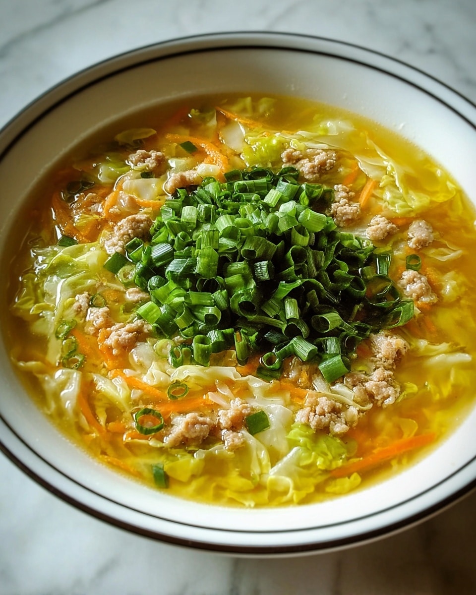 The image shows a bowl of clear yellow broth soup with visible layers. The bottom layer consists of light yellow broth with small bits of cooked minced meat settling at the base. Above it, there are scattered thin slices of orange carrot and pale green cabbage pieces mixed with small chopped green onions. On the very top, there is a vibrant heap of fresh dark green chopped spring onions placed in the center. The white bowl has a thin black rim and sits on a white marbled surface. photo taken with an iphone --ar 4:5 --v 7