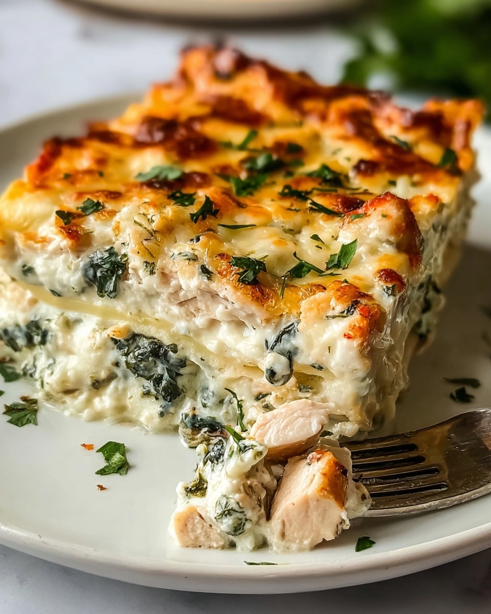 A close-up view of a two-layer lasagna slice on a white plate resting on a white marbled texture. The bottom layer is creamy white sauce mixed with cooked spinach pieces, followed by a middle layer of tender cooked chicken chunks and more spinach. The top layer features melted golden-brown cheese, bubbling slightly, with sprinkled fresh green herbs on top. The lasagna’s edges are slightly crispy, and a fork is gently lifting the slice from the plate. Photo taken with an iphone --ar 4:5 --v 7