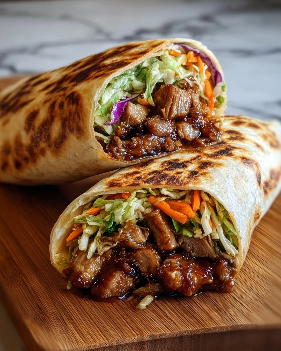 Two grilled wraps cut in half display three layers inside, placed on a wooden board with a white marbled texture in the background. The outer layer is a golden-brown toasted tortilla with darker spots. The middle layer shows glazed, chunky pieces of dark brown grilled meat with a shiny texture. The top layer features a mix of shredded fresh vegetables including light green lettuce, orange carrots, and some purple cabbage. The halves are arranged close to each other, highlighting the filling colors and textures. Photo taken with an iphone --ar 4:5 --v 7