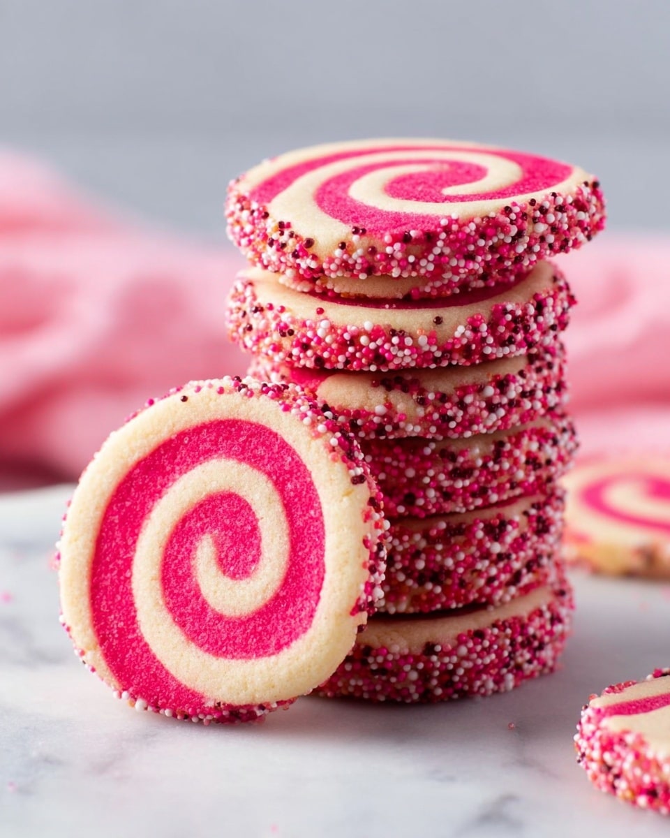 A neat stack of round swirl cookies is placed on a white marbled surface. Each cookie has two main layers: a light cream base and a bright pink spiral that wraps around from the center to the edge. The sides of the cookies are covered with small round sprinkles in shades of dark pink, light pink, and white, adding a bumpy and colorful texture. The stack is tall with several cookies, and one cookie leans against the stack, showing the detailed swirl and sprinkle coating clearly. Soft pink fabric is blurred in the background. photo taken with an iphone --ar 4:5 --v 7