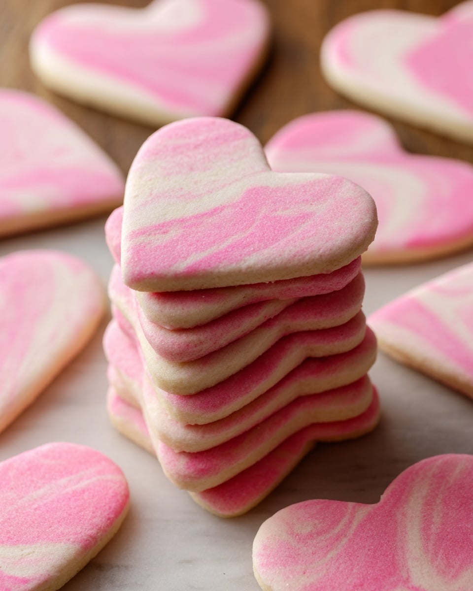 A stack of ten heart-shaped cookies is placed at the center, each cookie showing a marbled pattern with light pink and white swirls evenly spread across the surface, creating a soft texture. The cookies have smooth edges and a slightly grainy look typical of baked dough. Surrounding the central stack, more cookies with the same color and pattern are scattered flat on a white marbled surface, their shapes uniform and smooth. The photo is taken close-up, focusing on the detailed colors and layers of the cookie stack, with a shallow depth of field that softly blurs the background cookies. photo taken with an iphone --ar 4:5 --v 7