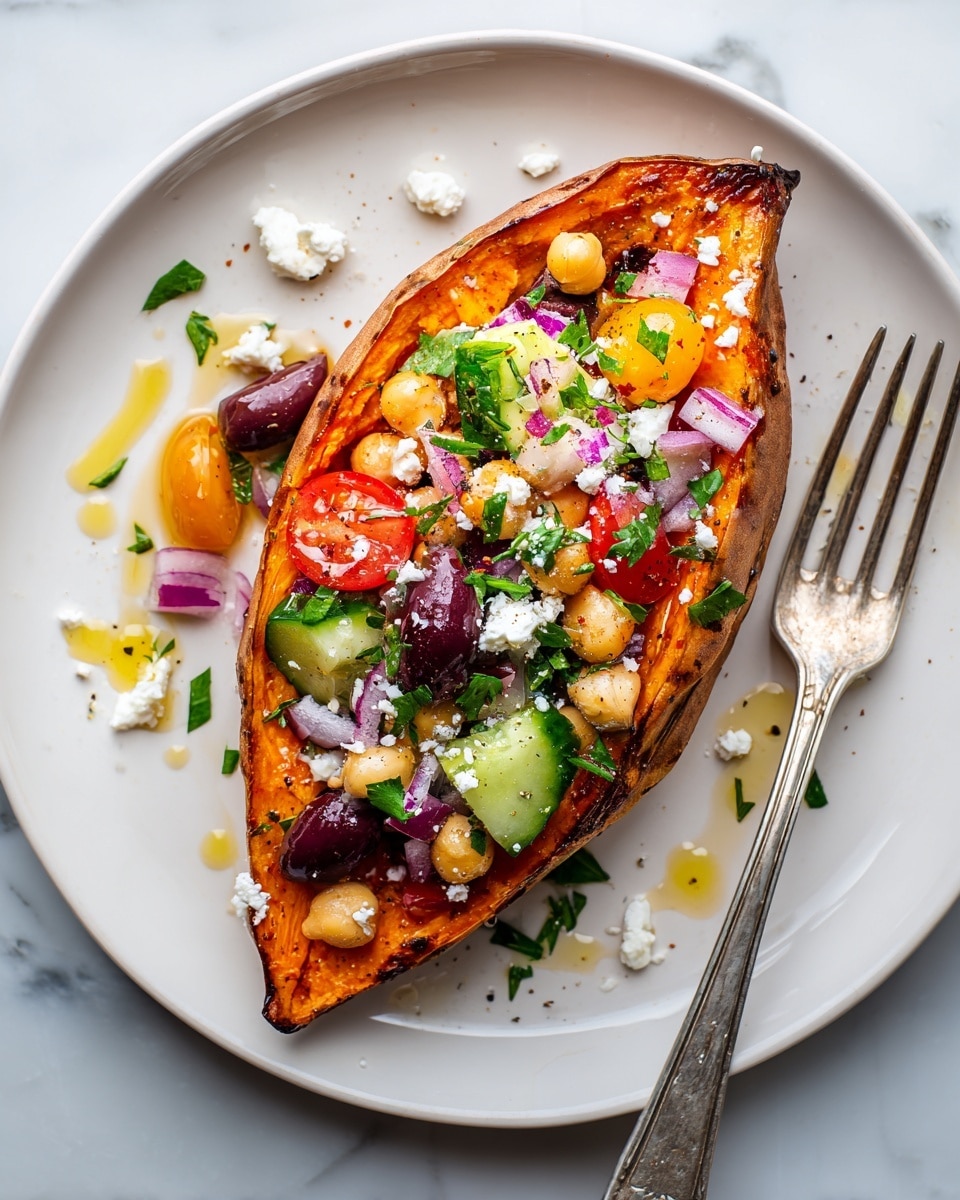 A baked sweet potato with its skin slightly cracked, sitting on a white plate with scattered green herbs and olive oil around it. The sweet potato is filled with three distinct layers: the bottom layer is soft and bright orange mashed sweet potato, followed by a colorful mix of vegetables including halved cherry tomatoes, diced cucumber, whole chickpeas, sliced kalamata olives, and small pieces of red onion. The top layer is sprinkled with crumbled white feta cheese and fresh chopped parsley, adding a fresh green touch. The background is a white marbled texture with a fork placed blurred in the back. Photo taken with an iphone --ar 4:5 --v 7
