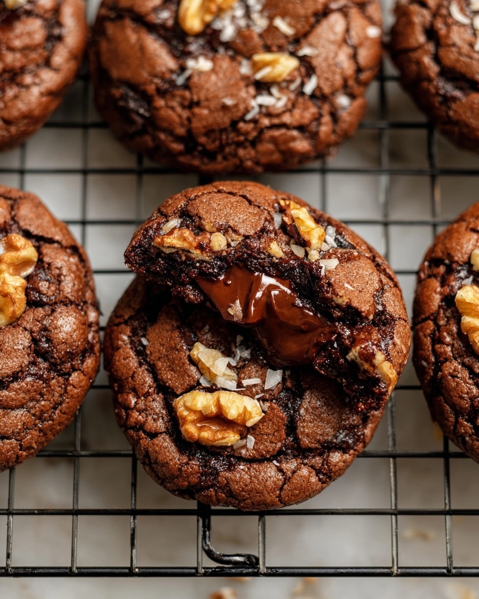 The image shows several thick, round chocolate cookies with a cracked surface, revealing gooey melted chocolate inside the one in the middle that is broken apart. The cookies are topped with light brown walnut pieces and small strips of coconut flakes scattered on the dark chocolate dough. They rest on a black metal cooling rack, with a white marbled background underneath. photo taken with an iphone --ar 4:5 --v 7