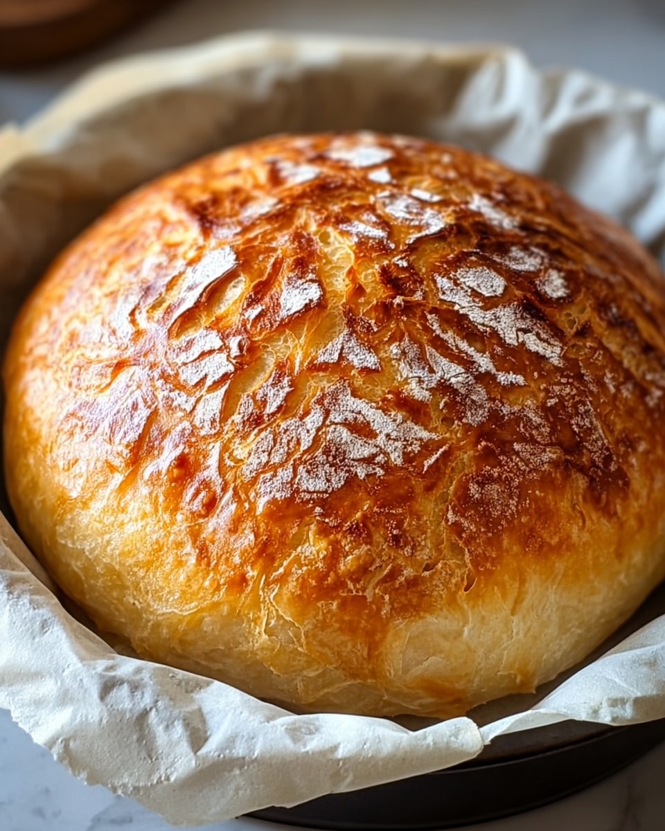 A round loaf of bread with a golden brown, crispy crust that has a slightly cracked pattern on top showing a lighter, soft inside. The bread sits on white parchment paper inside a dark baking pan. The round loaf has a textured surface with some lightly dusted flour on top, highlighting the crust’s cracks. The background is a white marbled texture. photo taken with an iphone --ar 4:5 --v 7