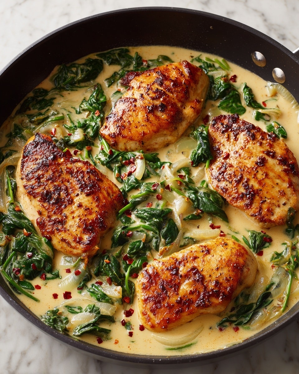 The image shows a creamy chicken dish in a dark pan with two golden-brown chicken thighs coated in a light beige creamy sauce. Swirled through the sauce are wilted dark green spinach leaves and thin, translucent slices of cooked onions. A wooden spoon with a smooth texture rests on the right side, partially covered with the sauce, mixing some parts of the ingredients. The sauce has specks of red chili flakes and cracked black pepper sprinkled, adding small red and black spots across the creamy surface, which contrasts well with the browned chicken skin. The background is a white marbled texture. Photo taken with an iphone --ar 4:5 --v 7