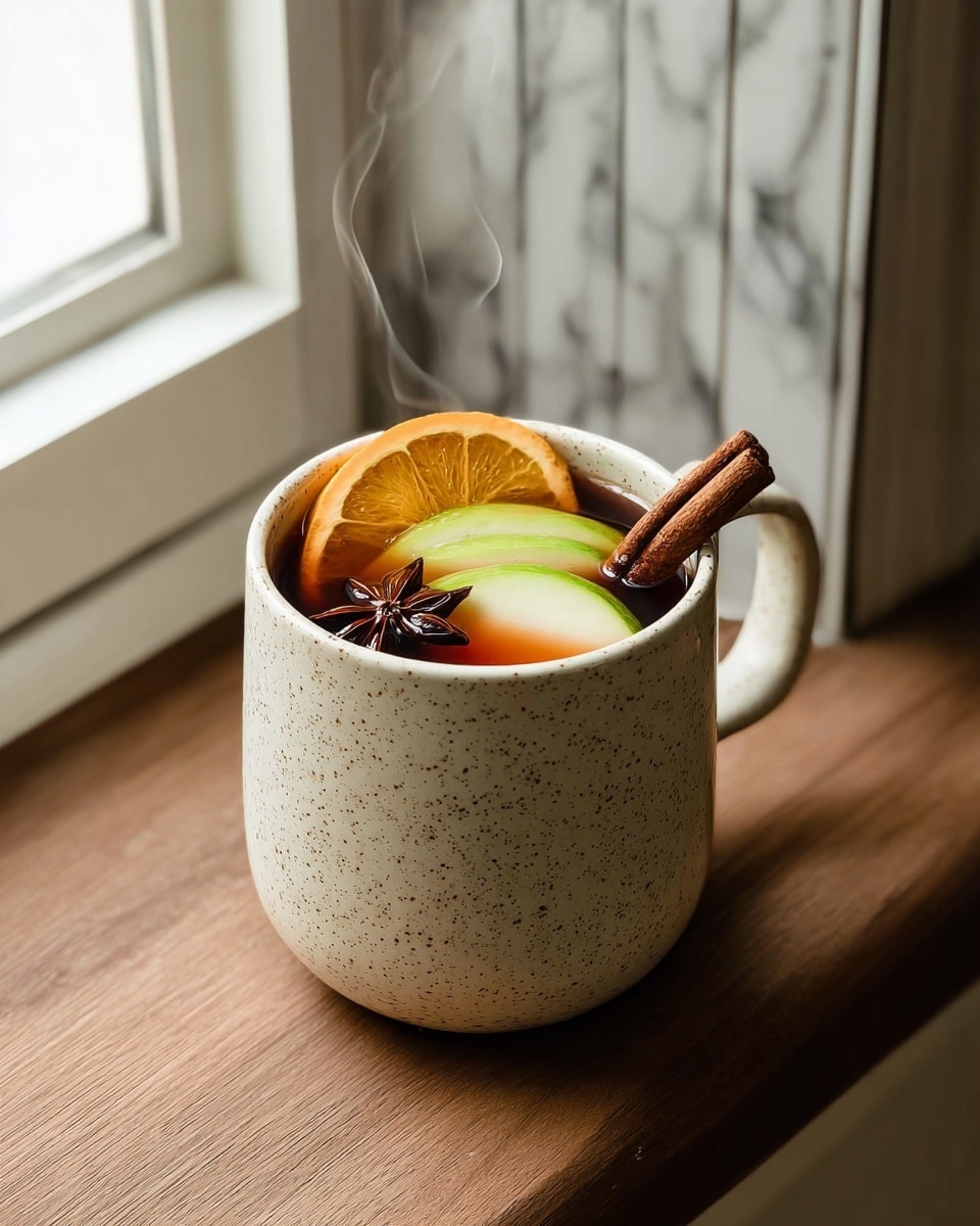 A white speckled mug filled with hot dark amber liquid, topped with a thick orange slice, two green apple slices, a whole cinnamon stick, and one star anise floating on the surface, with steam rising from the top. The mug is placed on a wooden surface next to a white window frame with a soft natural light coming through, and the background has a white marbled texture. photo taken with an iphone --ar 4:5 --v 7
