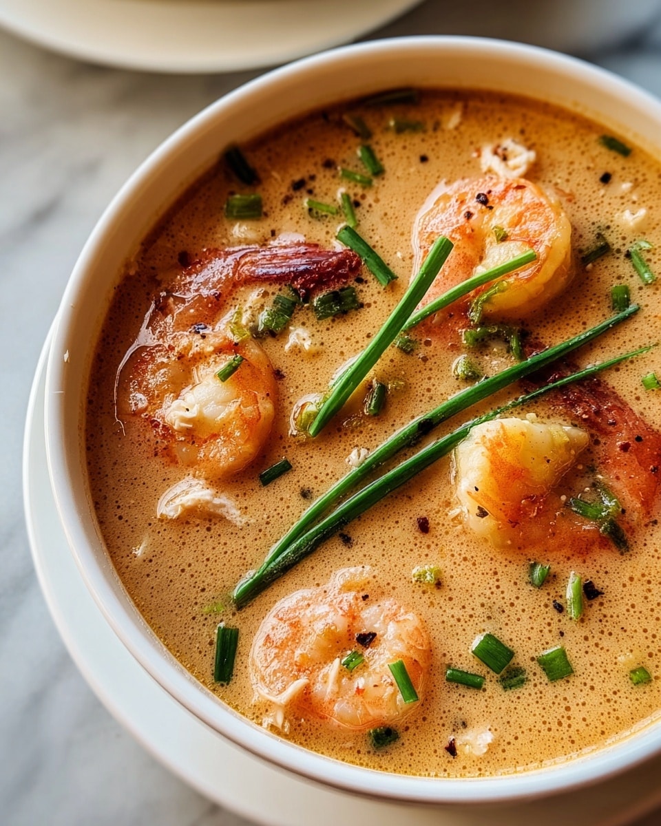 A close-up view of a creamy soup in a white bowl filled with orange-pink shrimp pieces floating in a rich, light brown broth. Scattered green chopped chives and whole green chive stalks sit on the surface, adding a bright touch. There are small bits of white crab meat and tiny black pepper specks dispersed throughout the soup, creating texture and a slight contrast. The bowl is placed on a matching white dish over a white marbled surface. photo taken with an iphone --ar 4:5 --v 7