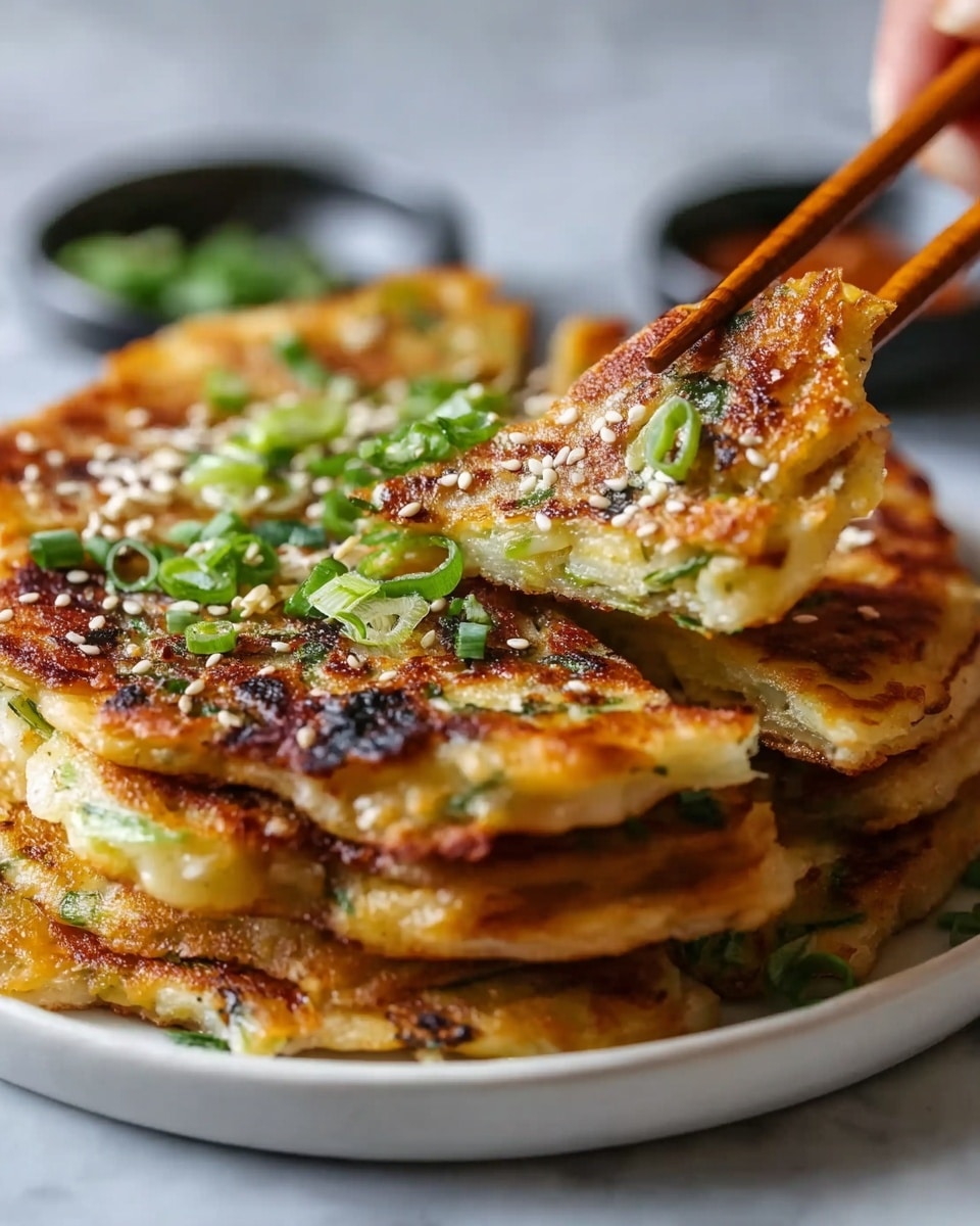 A stack of golden brown, crispy pancakes with a slightly uneven, rustic edge sits on a white plate placed on a white marbled surface. The pancakes have visible layers of cooked green onion pieces throughout, giving a slightly textured look. The top pancake is sprinkled with white sesame seeds and chopped green onions, adding contrast in color. A woman's hand using wooden chopsticks is lifting a triangular slice from the stack, showing the soft, chewy inside of the pancake and some melted bits on the crust. The overall look is warm and appetizing with a mix of crispy and tender textures. photo taken with an iphone --ar 4:5 --v 7