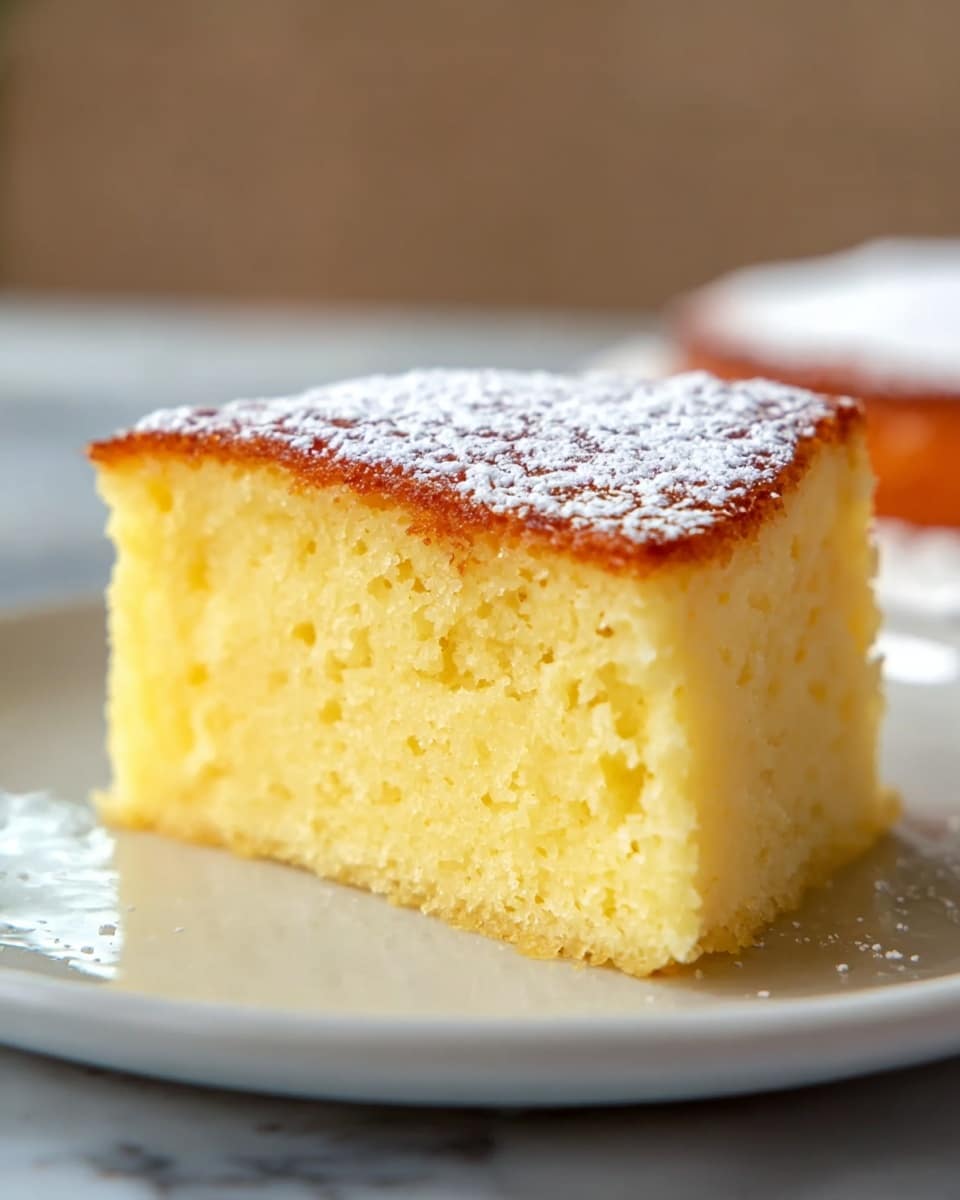 The image shows a single thick slice of yellow cake with a soft, moist texture and small air holes throughout. The cake has a golden brown top layer, slightly crisp and uneven, dusted evenly with white powdered sugar. The bottom layer is a light, golden brown crust. The slice sits on a clean white plate with subtle reflections, set on a white marbled surface that blends softly into a blurred, neutral-toned background. Photo taken with an iphone --ar 4:5 --v 7