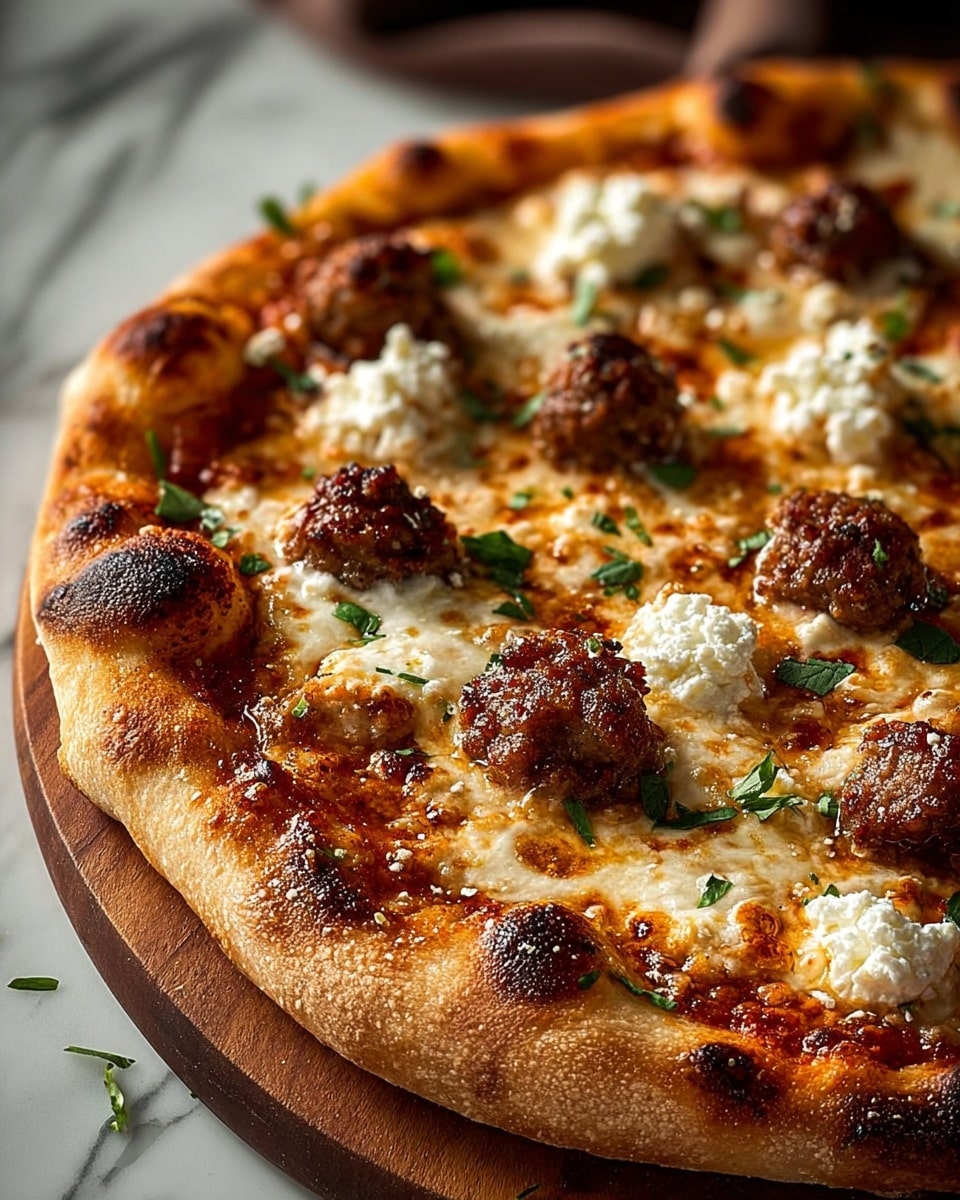 A pizza with a thick, golden-brown crust that has some charred spots on the edges. On top, there is a layer of melted cheese that looks creamy and smooth, slightly browned. Scattered over the cheese are small, browned sausage pieces that look juicy and well cooked. Also on top are dollops of white, crumbly cheese and bits of chopped green herbs for color. The pizza is set against a white marbled texture with a soft focus background showing out-of-focus bread and a small bowl of white sauce. Photo taken with an iphone --ar 4:5 --v 7