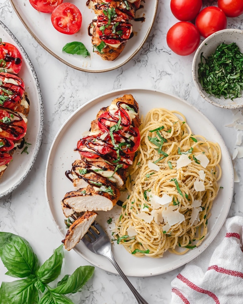 The image shows a white plate with a neatly arranged dish of sliced grilled chicken layered with melted mozzarella cheese and tomato slices, all drizzled with a dark balsamic glaze and garnished with fresh green basil leaves. Next to the chicken, there is a portion of light yellow spaghetti mixed with halved red cherry tomatoes, thin shavings of pale parmesan, and scattered basil pieces, lightly sprinkled with black pepper. A silver fork rests on the plate, holding a piece of the chicken. Around the plate, there are whole red tomatoes and fresh basil leaves on a white marbled surface, along with a small bowl of chopped basil, and part of another white plate with two similar chicken breasts and tomato wedges. photo taken with an iphone --ar 4:5 --v 7
