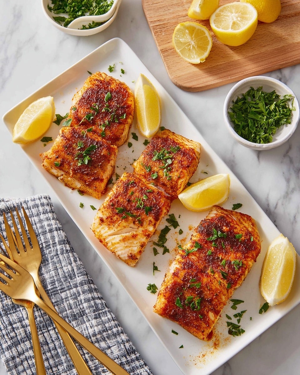 Four pieces of cooked fish with a reddish-brown crust and light flaky texture are arranged on a rectangular white plate. Each piece is topped with small green herb bits, and three lemon wedges with bright yellow skin and pale flesh sit on the plate near the fish. The plate rests on a white marbled surface with a checkered cloth to the left holding two gold forks. To the upper left, there is a small white bowl with chopped green herbs and a wooden cutting board with extra lemon wedges. Photo taken with an iphone --ar 4:5 --v 7