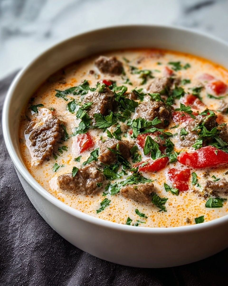 A white bowl filled with creamy stew showing three main layers: a light beige and slightly oily creamy base, chunks of brown cooked beef scattered throughout, and bright red tomato pieces adding color. The stew is topped with a generous amount of finely chopped fresh green herbs spread evenly across the surface. The bowl sits on a dark cloth against a white marbled textured background. Photo taken with an iphone --ar 4:5 --v 7