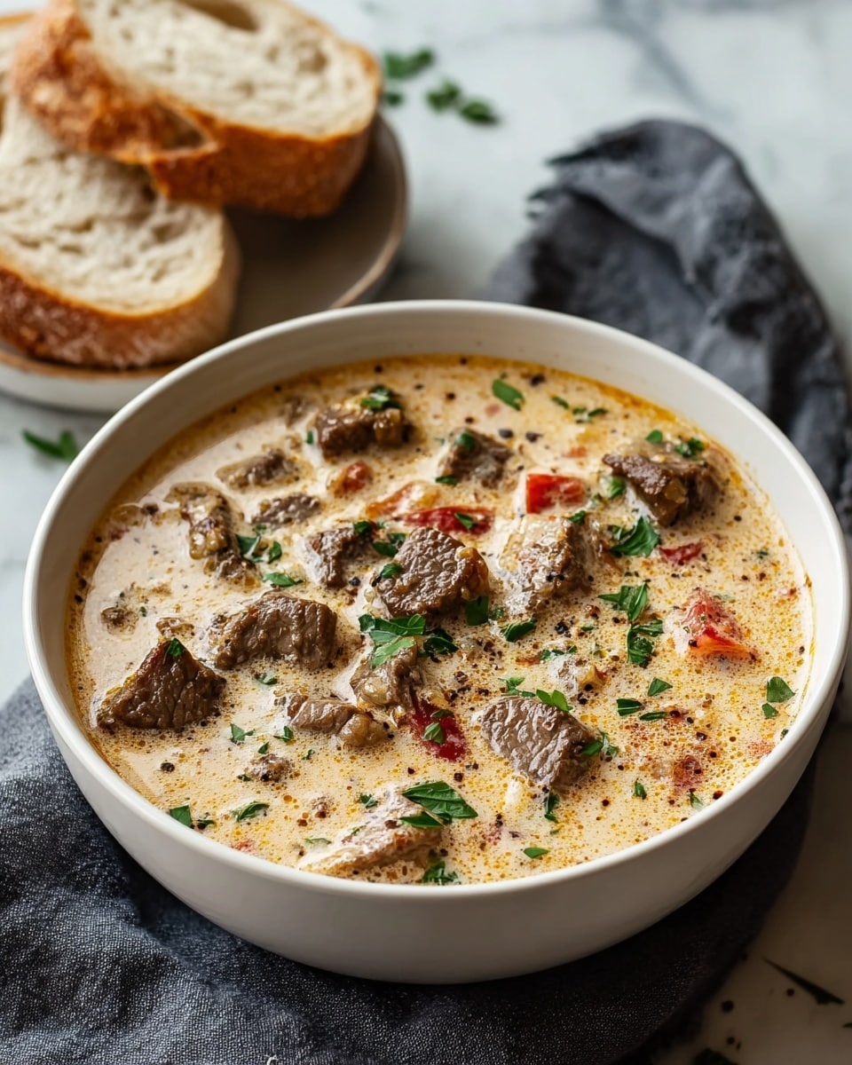 A white bowl filled with a creamy soup that has many brown beef pieces of different sizes spread evenly throughout. There are also small green chopped herbs scattered on top, along with a few visible red tomato pieces giving a pop of color. The soup has a smooth, slightly thick texture with a beige color, and some black pepper specks are lightly sprinkled. In the background, there is a white bowl holding two thick slices of rustic bread with a golden crust. A dark gray cloth is partly visible under the bowl, and the overall setting is on a white marbled surface. Photo taken with an iphone --ar 4:5 --v 7