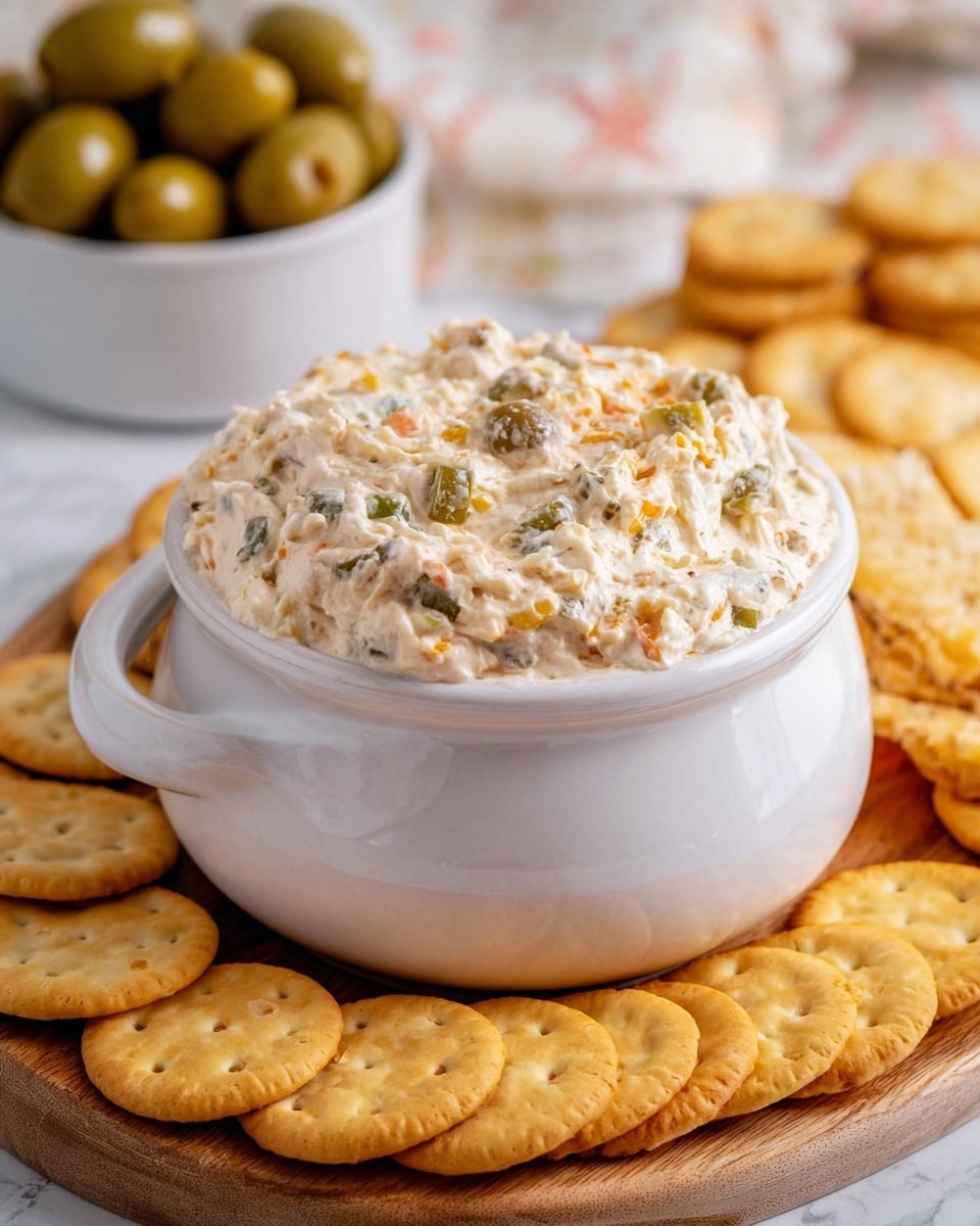A white ceramic cup filled to the brim with a creamy dip that is light beige with visible green and orange bits, creating a textured and chunky surface on top. The cup sits on a wooden board with a row of round golden crackers spread around it in the foreground and background. Behind the cup, there is a small white bowl filled with green olives, adding a hint of color contrast. The setting is on a white marbled surface, with soft natural light illuminating the scene, making the dip look fresh and appetizing. Photo taken with an iphone --ar 4:5 --v 7