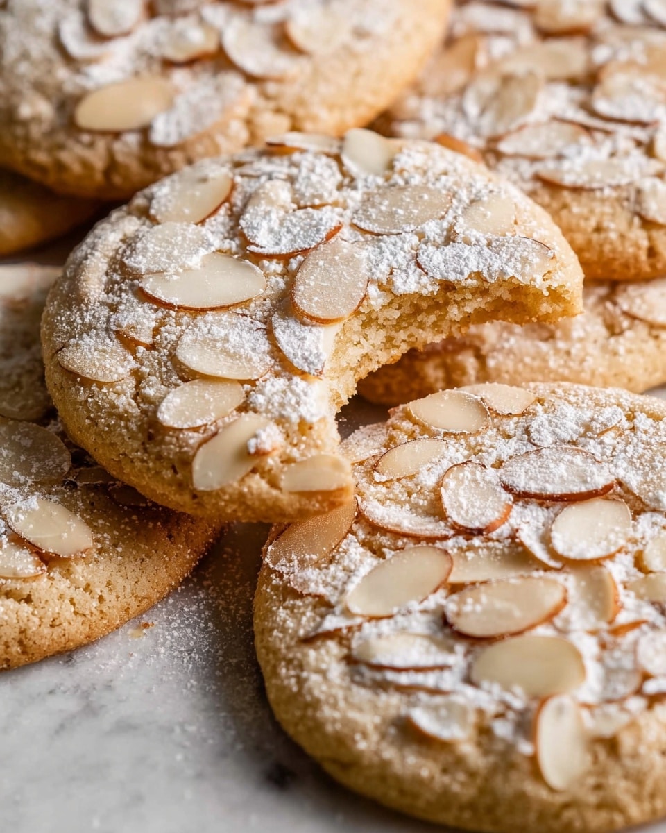 The image shows several round almond cookies stacked closely on a white marbled surface. Each cookie has a light golden-brown base, topped with thin, pale almond slices scattered all over, and a fine dusting of white powdered sugar covering the top. One cookie in the front center has a bite taken out of it, revealing a soft, crumbly texture inside. The overall look is warm and inviting, with a soft and slightly rough texture from the almonds and powdered sugar layer. Photo taken with an iphone --ar 4:5 --v 7