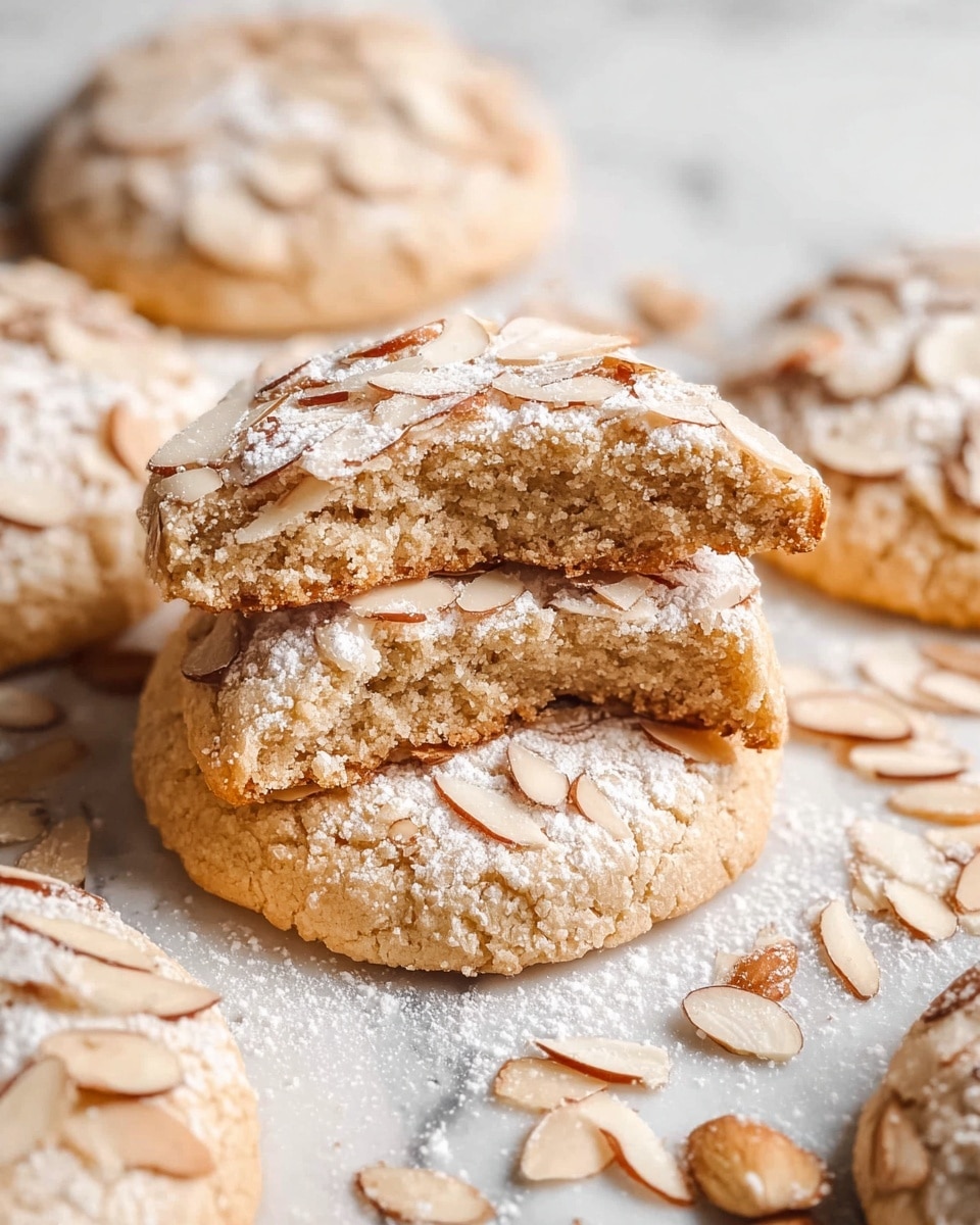 The image shows soft, round almond cookies arranged on a white marbled surface. One cookie is broken into three stacked pieces in the center, revealing a dense, crumbly texture inside with visible almond slices. Each cookie is light golden brown, topped with thin, pale almond slices and a dusting of white powdered sugar, giving a slightly snowy look. Scattered almond slices lie around the cookies on the surface, enhancing the rustic and fresh-baked feel. photo taken with an iphone --ar 4:5 --v 7