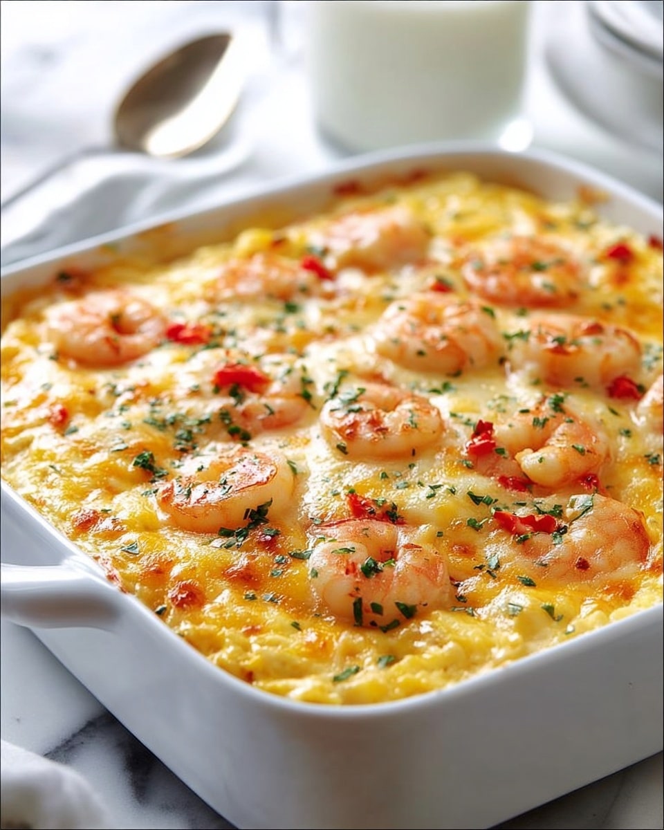 A white rectangular baking dish filled with a creamy shrimp casserole, showing two main layers; the bottom is a soft, cheesy yellow base, topped with a thick layer of melted golden cheese that has browned edges and bubbles, dotted with whole cooked shrimp with a light pink color and a few small red pepper pieces scattered throughout, all sprinkled with finely chopped green herbs for a fresh touch. The dish sits on a white marbled surface with a blurred background including a glass of milk and a spoon. Photo taken with an iphone --ar 4:5 --v 7