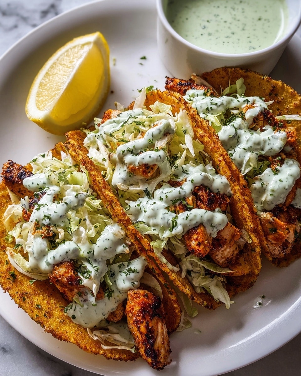 Three tacos are placed side by side on a white plate on a white marbled surface, each taco filled with three layers: the bottom layer is golden brown and crispy taco shells with a slightly charred texture, the middle layer is grilled, browned chicken pieces with visible spices, and the top layer is chopped pale green cabbage drizzled with thick white sauce speckled with green herbs. A slice of lemon wedge and a white bowl filled with light green creamy sauce sit in the background. The overall look is vibrant and fresh, showing texture and layers clearly, photo taken with an iphone --ar 4:5 --v 7