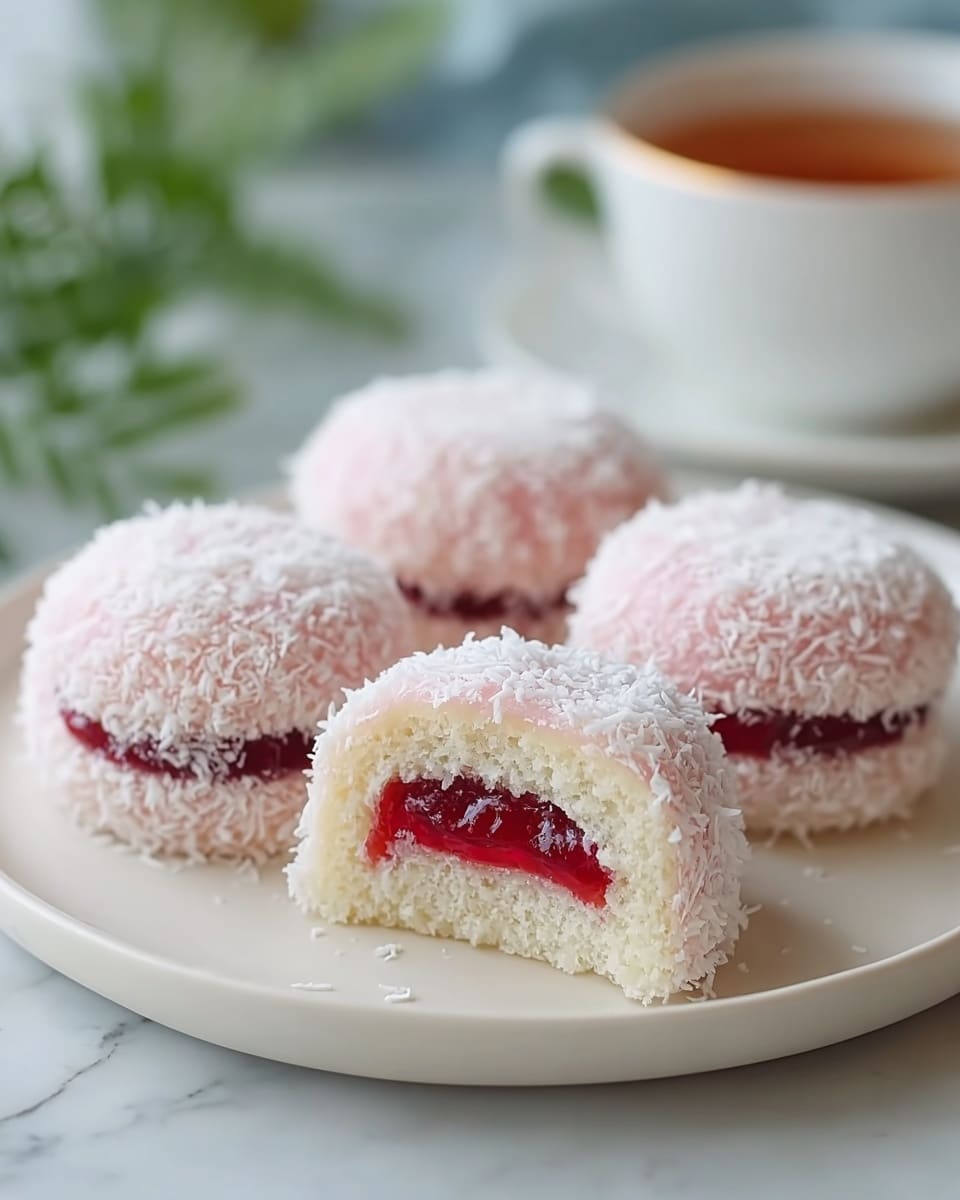 The image shows a white plate with five small round cakes covered in shredded coconut. Each cake has a light pink soft outer layer coated with white coconut flakes. Inside, they have two layers: the base is a white fluffy sponge cake, and the middle is filled with a bright red jelly and a layer of white cream. One cake is cut in half, showing these layers clearly. The background has a soft white marbled texture with a blurred white teacup and green leaves. photo taken with an iphone --ar 4:5 --v 7