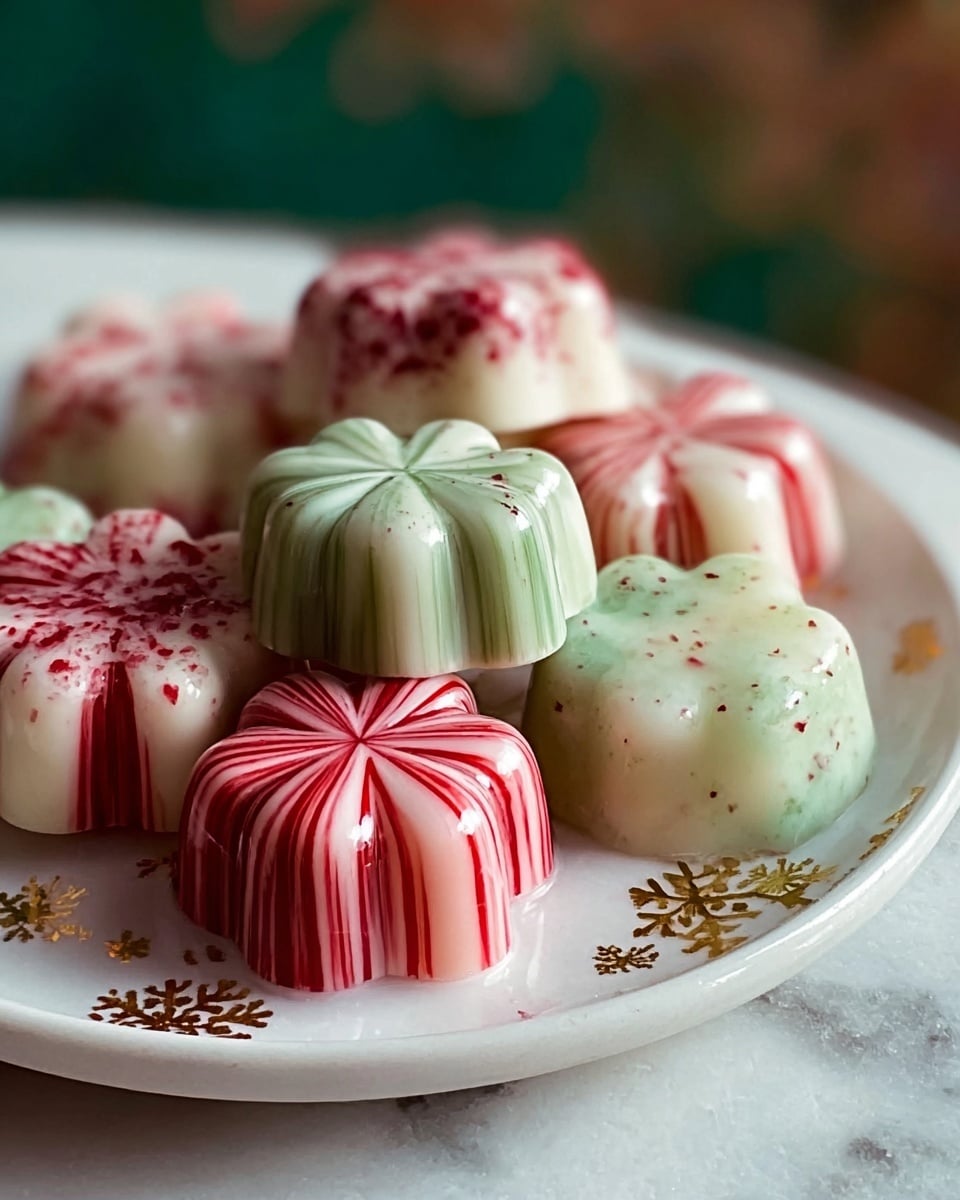 The image shows a close-up of six flower-shaped chocolates on a white plate with small gold snowflake designs. Each chocolate has two colors swirled together in vertical stripes or mixed patterns: red with white, green with white, or mostly white with red speckles on top. The chocolates have rounded petals and a shiny, smooth texture. The plate rests on a white marbled surface, and the background is softly blurred with green and brown hues. photo taken with an iphone --ar 4:5 --v 7