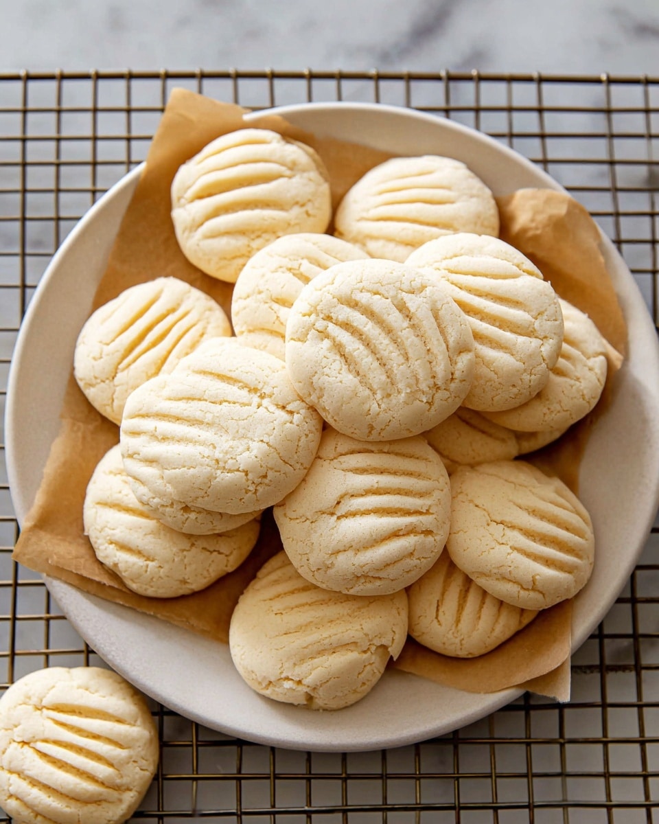 A close-up image shows a woman's hand gently holding two halves of a light beige macaron. Each half has three visible layers: the top and bottom shells are smooth and pale with a slightly glossy finish, while the middle filling is creamy off-white and soft in texture. The inside of the macaron shell looks crumbly with a fine, airy structure. In the background, more macarons are softly blurred on a white marbled surface. The photo captures detailed textures and soft natural lighting. photo taken with an iphone --ar 4:5 --v 7