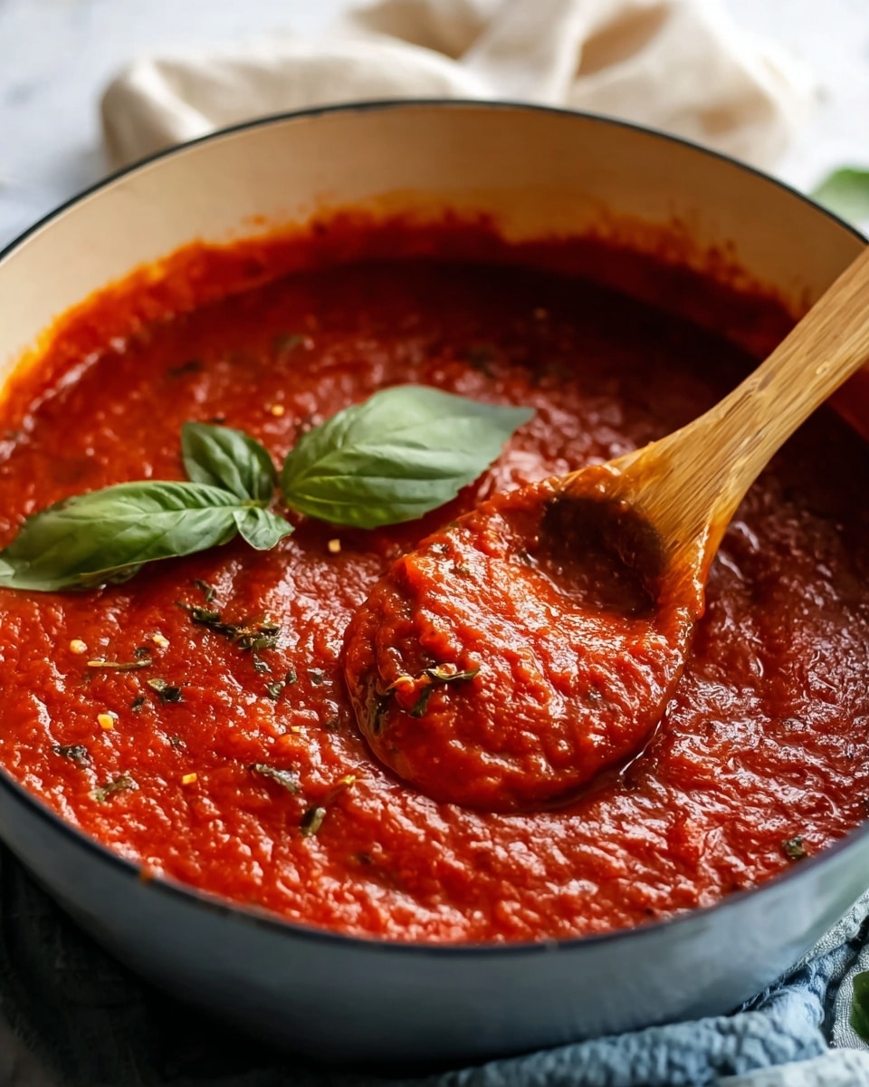 A thick, rich red tomato sauce fills a round white pot with a dark rim, showing textured chopped tomatoes and small green herb pieces throughout. A wooden spoon scoops a chunky portion of the sauce near the center, with sauce lightly splattered on the inner pot walls. A large green basil leaf sits on top of the sauce, adding contrast. The pot rests on a soft blue and white cloth over a white marbled surface, with soft focus light cream fabric in the background. Photo taken with an iphone --ar 4:5 --v 7